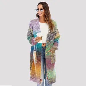 Wholesale Women Long Cardigan Coat Ombre Colorful Cotton Cardig Single Breasted Fashion Plus Size Women Sweater Coat With Pocket