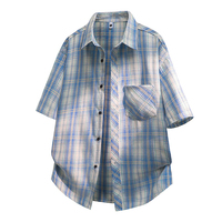 Chemise à carreaux à manches courtes 76,7 % polyester, col à revers, épaules tombantes, avec poche poitrine, pour usage quotidien et extérieur, style décontracté