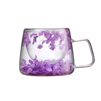 Tasse à café créative en verre borosilicate double paroi, faite à la main, avec motif de fleurs séchées, design transparent