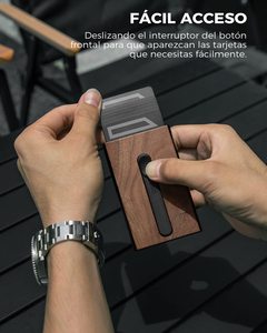 Thumbs-up tùy chỉnh thiết kế hạt gỗ <span class=keywords><strong>RFID</strong></span> chặn chống trộm ví, kim loại Pop Up chủ thẻ nhôm mỏng Ví - Product Image 2