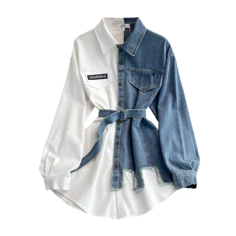 2024 Mới Hợp Thời Trang Phụ Nữ Áo Sơ Mi Tops Không Thường Xuyên Chắp Vá Denim Top Dài Tay Áo Của Phụ Nữ Áo Sơ Mi