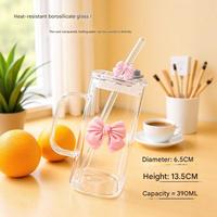 Nouvel Arrivage – Tasse en Verre Carrée BOW de 390 ml en Borosilicate avec Couvercle et Paille pour Boissons