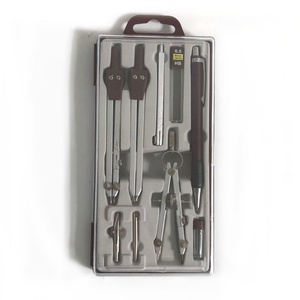 Ensemble de 9 instruments de dessin technique avec compas et pointes de stylet remplaçables dans un étui en plastique transparent - Product Image 1
