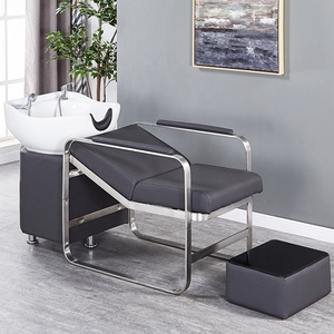 Sillón de Peluquería Moderno de Acero Inoxidable con Lavabo de Cerámica, Respaldo Acolchado y Reposapiés Fijo para Uso en Salón - Product Image 2