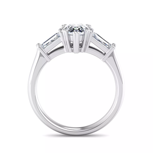 custom Timeless Vintage Three Stone Engagement <b>Ring</b>, Solid 18K White Gold Pear Cut Lab Diamond with Tapered Baguette Accents - Product Image 4