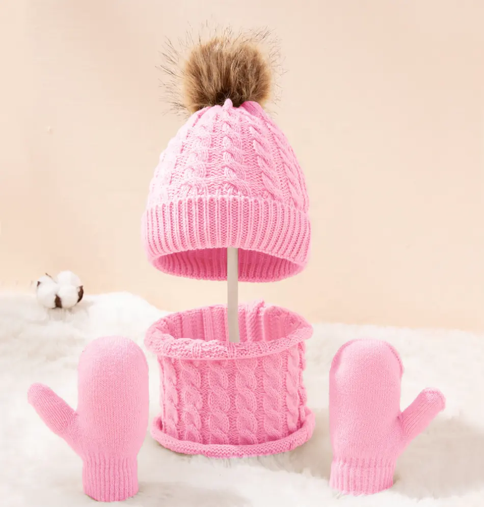 Groothandel Custom Herfst Winter Warm Muts Pom Pom En Sjaal Handschoenen Set Vervaardigd Voor Kids