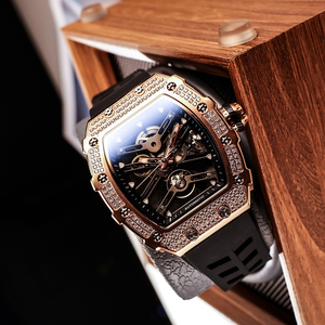 <span class=keywords><strong>OBLVLO</strong></span>-Reloj con esqueleto Tonneau para hombre, correa de goma de lujo, con bisel de diamantes de oro rosa, mecánico automático, a la moda, para hombre - Product Image 3