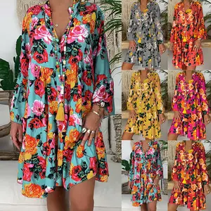Summer Boho Style Short Sleeve Floral Print Chiffon Beach Dresses Tunic Loose Mini Party beach tunic dress women