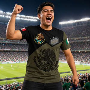 Camiseta deportiva personalizada de manga corta con estampado 3D completo del escudo de México con gráfico del águila y patrón tribal azteca para <span class=keywords><strong>hombre</strong></span> - Product Image 1
