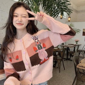 Suéter Grosso de Coelho para Mulheres, <span class=keywords><strong>Cardigan</strong></span> Tricotado, Estilo Universitário, Bordado Rosa, Para Baixa Estatura - Product Image 5