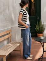 Cardigan en tricot court à rayures noires et blanches pour femme, col rond, manches courtes, boutonné, vente en gros