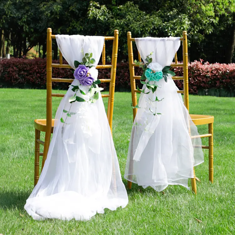 European Style Outdoor Forest Flower Chair Sashes Wedding Party Leaning Decorative Chair Back Flowers