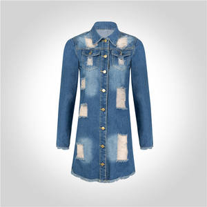 Giacca di Jeans Blu Strappata da Donna, Cappotto Lungo in <span class=keywords><strong>Denim</strong></span> per Primavera e Autunno - Product Image 2