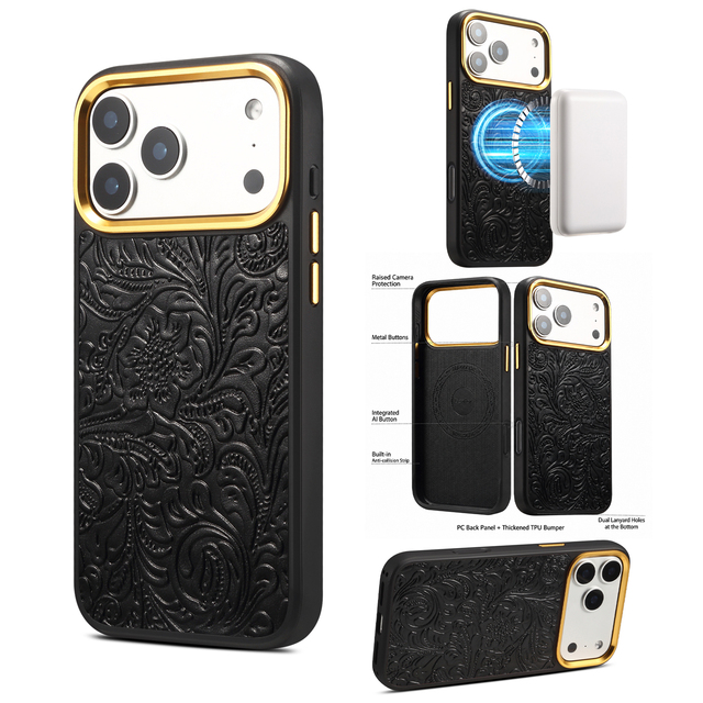 Denior Genuine Leather Retro Tanghua Magnetic Phone Case, Wireless Charging, Compatible with Apple 18/17/16/15 Series