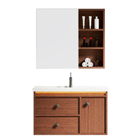Kabinet Vanity Kamar Mandi Mewah Walnut dengan Cermin Dinding dan Wastafel, Unit Penyimpanan Vanity dengan Bak Cuci dari Papan Honeycomb 18mm