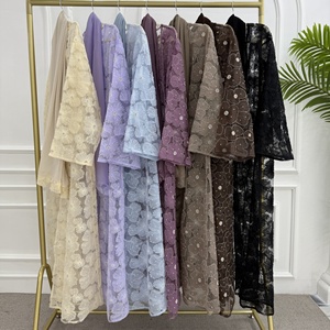 Nouvelle Collection 2025 : Abaya Ouverte Broderie Dentelle et Perles, Kaftan Musulman pour Femme, Robe Longue Modeste de Soirée 100% Coton Asymétrique Style Dubaï - Product Image 1