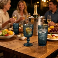 Ensemble de verres vintage en verre bleu gaufré, comprenant un gobelet à pied et un verre à pied, verres à boire colorés pour la maison, les mariages, les fêtes, la table, et comme cadeau