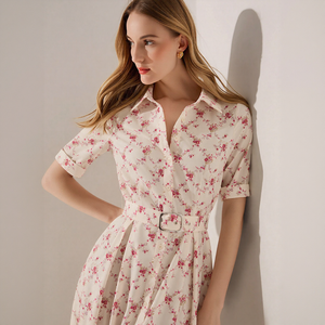 Robe chemise de luxe en gros, nouvelle collection, motif <span class=keywords><strong>floral</strong></span> crème et rouge, taille haute, coupe ajustée, vêtements pour femmes, logo personnalisé en gros - Product Image 6