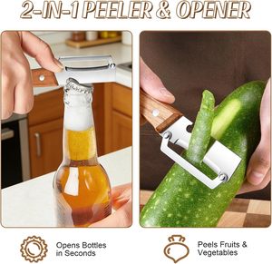 Éplucheur à légumes avec manche en bois, lame large en acier inoxydable, éplucheur à légumes avec hachoir à ciboulette et ouvre-bouteille - Product Image 5