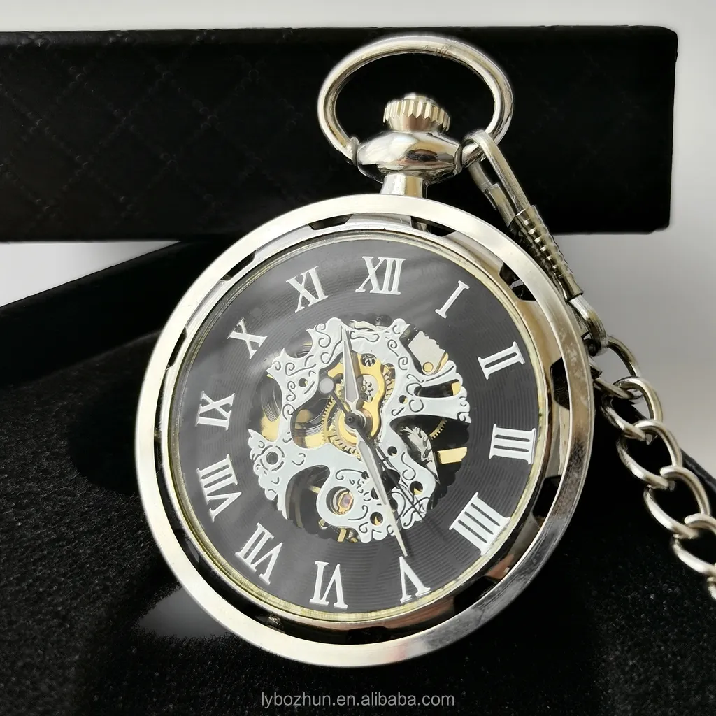 Antique Skeleton mechanical Movement Hand Winding Black Blue Open Face mechanical pocket watch