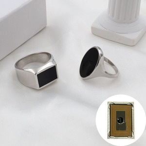 Geometric <b>Titanium</b> Steel <b>Ring</b> Black Oval Bezel Setting Unisex Jewelry Gift - Product Image 3