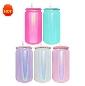 Nouvelles canettes en verre à paillettes scintillantes pour sublimation, 16 oz, 5 à 6 couleurs, avec couvercles en plastique - Product Image 3