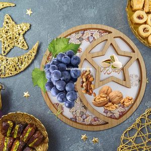 Plateau en bois bohème avec incrustation de nacre, design flexible pour les célébrations du Ramadan et de l'Aïd |   Plateau de service artisanal pour dattes - Product Image 1