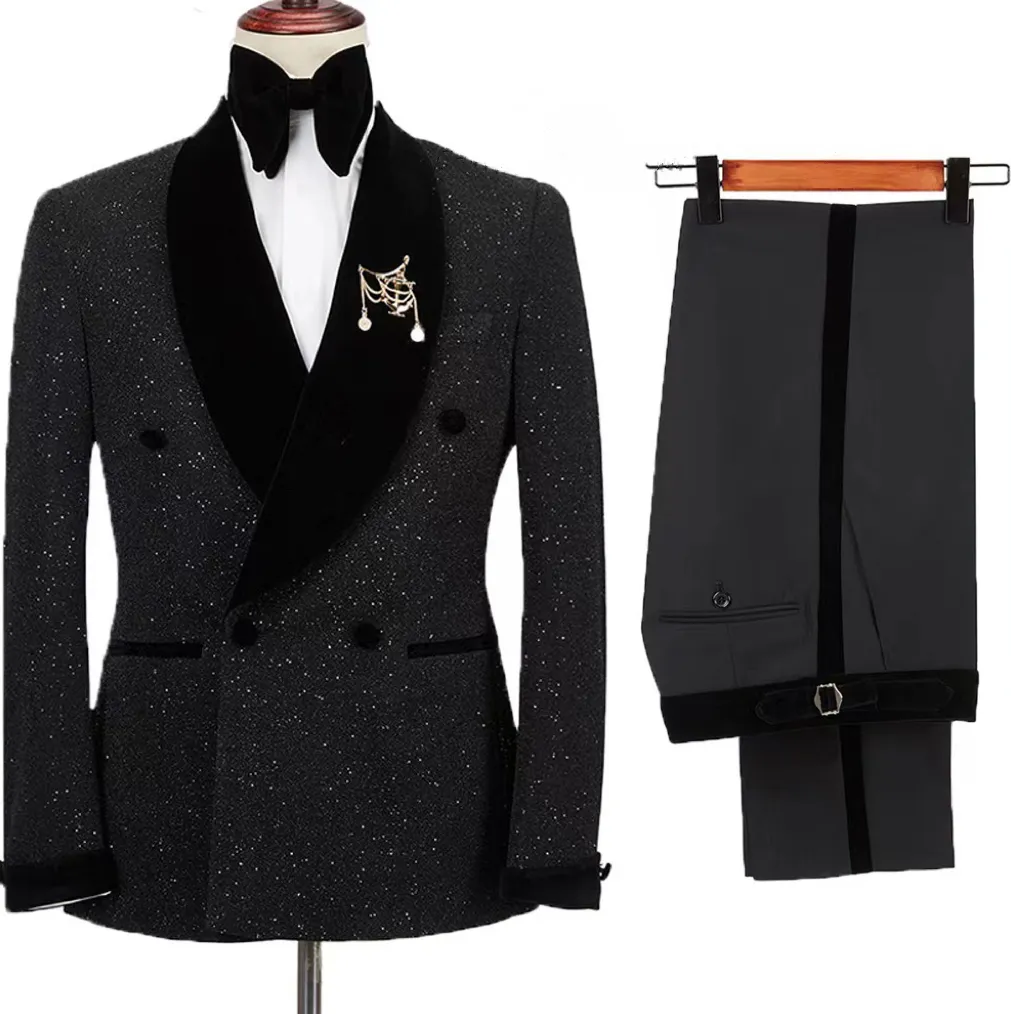 Men Suits 2 Pieces Groom Tuxedos Black Flat Collar Wedding Suits, shining Jacket, with Pants set.