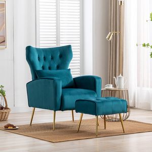 Divano moderno sedie per soggiorno in velluto blu tessuto morbido cuscino schienale alto Casual divano singolo persona con poggiapiedi - Product Image 2