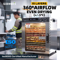 Pengering Makanan Komersial 15 Tray 1100W Kipas Ganda 5 Mode Preset 30-90C Timer 0-48 Jam SUS304 Tray Dehidrator Makanan