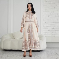 Robe longue vintage à col montant imprimée, vêtement islamique pour femme, Abaya Kaftan, ceinture dorée, polyester, sur mesure, ivoire, élégante