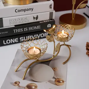 Golden Tealight Candle Holder Bird Rose Tree Shaped Iron Candelabra Vintage Style Candle Stands Decorative Candlesticks Holder