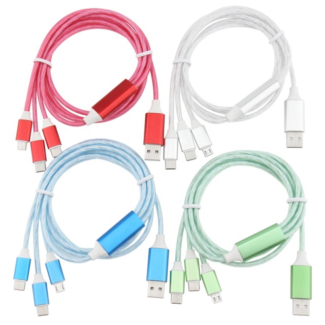 Mobile Phone Fast Charging Cable 3 in 1 USB Cable LED Flowing Light up Multi Charger Cables Cord for iPhone Samsung Cell Phones