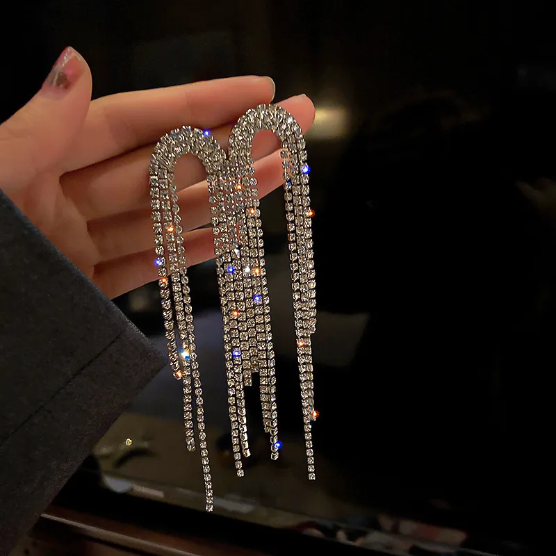 925 실버 바늘 과장된 크리스탈 라인 석 문 귀걸이 빛나는 전체 다이아몬드 긴 술 귀걸이