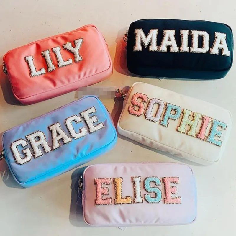 RTS Stock 18 Colors Nylon Waterproof Personalized Glitter Chenille Patches Women Girls Travel Toiletry Cute Cosmetic Makeup Bag