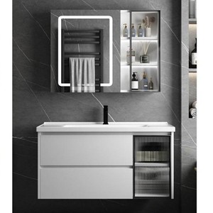 White Solid Wood Bathroom <b>Vanity</b> Ceramic Integrated Basin Smart <b>Mirror</b> Cabinet With Tricolor <b>Light</b> - Product Image 1