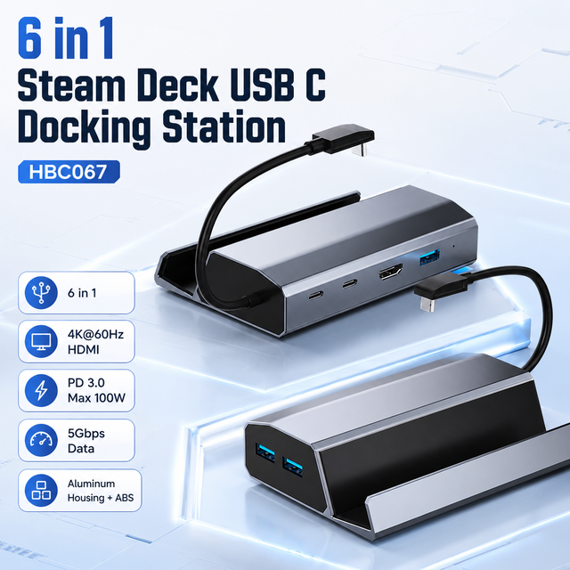 6-in-1 Steam Deck Docking Station 4K+60Hz HDMI100W PD1*5Gbps Type-C+3*5Gbps USB3.0Aluminum Stand Dock in Stock