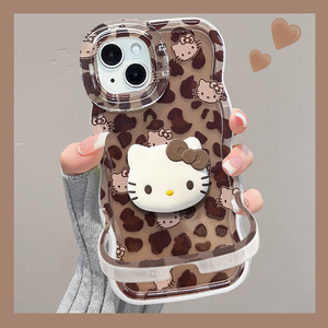 Leopard Print KT mèo búp bê TPU trường hợp điện thoại cho <span class=keywords><strong>Apple</strong></span> 15 Pro Ins phong cách kép đứng với dây buộc - Product Image 1