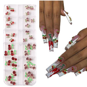 Boîte de 12 compartiments de breloques pour ongles en alliage et strass motif cerise, super brillantes, accessoires de décoration 3D pour nail art, pour salon de manucure et DIY - Product Image 2