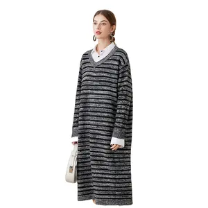 Customized European and American striped V-neck knitted dress with loose bottoming and versatile sweater long skirt