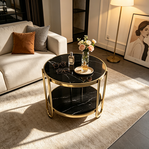 Table d'appoint ronde de luxe à 2 niveaux, plateau en pierre frittée noire, structure en métal doré, pour la maison, le salon, l'hôtel, table d'appoint de canapé - Product Image 6