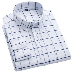 100% Cotton Oxford Shirt For Men Long Sleeve Plaid Striped Casual Shirts Male Pocket Regular-Fit Button-Down Work Man Shirt