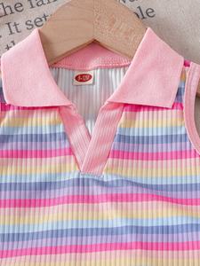 Completo da <span class=keywords><strong>bambina</strong></span> 2026 in stile western: Top a righe con risvolto e pantaloncini in denim con orlo floreale ricamato irregolare - Abbigliamento per bambine - Product Image 3