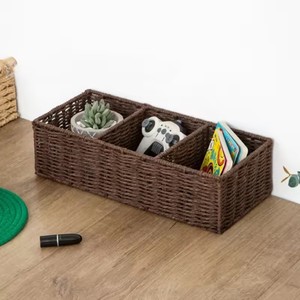 1 panier de rangement tissé à trois compartiments, bac de rangement en <span class=keywords><strong>papier</strong></span> fait à la main et en saule, support de boîte à mouchoirs pour réservoir de toilette - Product Image 2