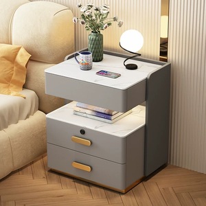 <span class=keywords><strong>Mesita</strong></span> de <span class=keywords><strong>noche</strong></span> inteligente de madera de lujo moderna con <span class=keywords><strong>luz</strong></span> Led altavoces de carga inalámbrica cajón mármol muebles flotantes de cuero blanco - Product Image 6