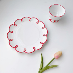 <span class=keywords><strong>Assiette</strong></span> en céramique écologique SYL, décoration de mariage, <span class=keywords><strong>bord</strong></span> rouge, motif ajouré rétro, vaisselle artisanale, design floral en dentelle - Product Image 4