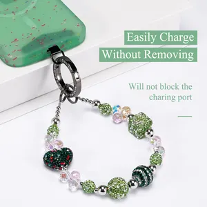 DIY Phone charm beads wrist strap, Luxury Diamond Phone Chain Bling Crystal Rhinestone Anti Lost Key Mobile Chain With Plate