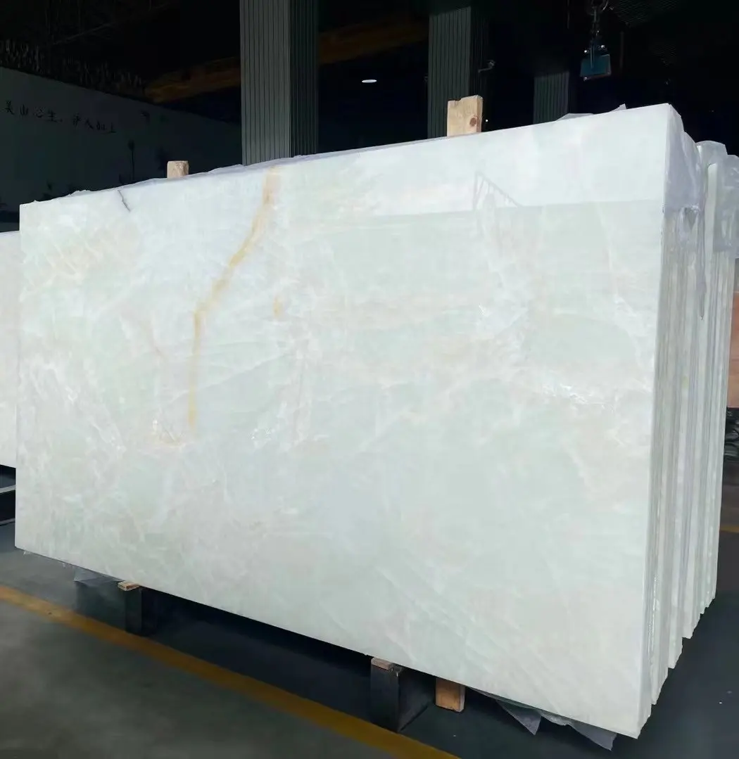 Kualitas baik es tembus cahaya usia onyx backlit marmer putih onyx logam untuk panel dinding dan meja atas