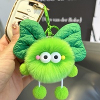 Mignon et moelleux, en fourrure de lapin Rex, style dessin animé, avec nœud papillon et boule de charbon, jouet en peluche elfe, accessoire de sac à dos et pendentif porte-clés de voiture