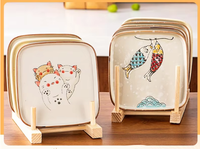 Handbemaltes Niedliches Motiv-Keramik-Tellerset, Quadratische Snackteller mit Katzen- und Koi-Fisch-Designs für den Hausgebrauch